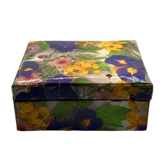 Handcrafted Floral Cardboard Box Trinkets Keepsakes Jewelry Attached Lid - Picture 2 of 8